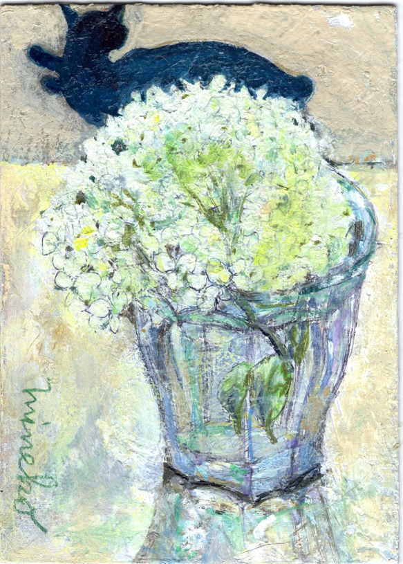 青い猫　お部屋で咲かせる紫陽花アナベルの一枝　絵を飾る暮らし 1枚目の画像