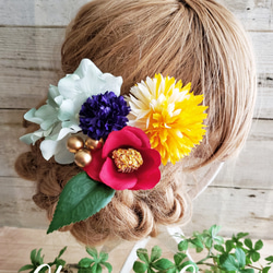 花姫 ミニ椿とマムの髪飾り5点Set No529 1枚目の画像