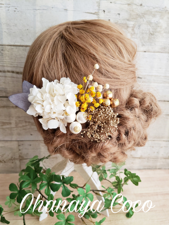 本物のお花 アンティーク風 紫陽花とかすみ草の髪飾り6点Set No553 3枚目の画像