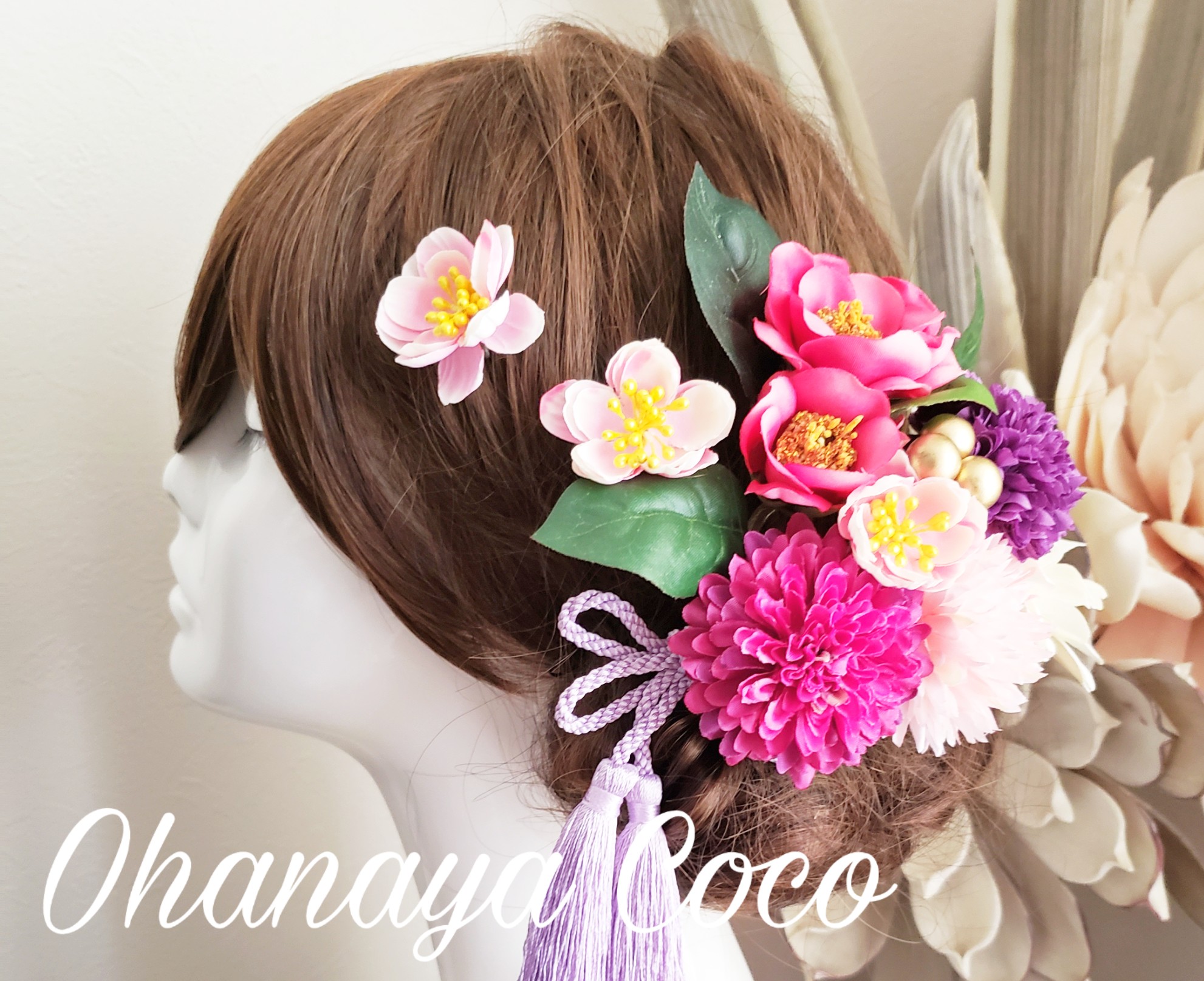 華雅 ピンク椿とダリアの髪飾り11点Set No732 結婚式 成人式