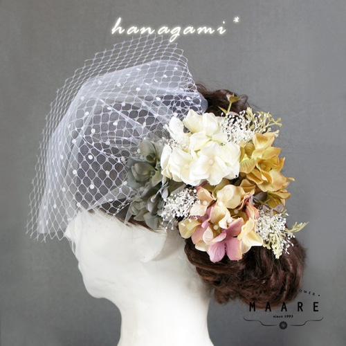 紫陽花 かすみ草 チュールの髪飾り 送料無料】アンティーク風＊紫陽花とかすみ草＊チュールのヘッドドレス