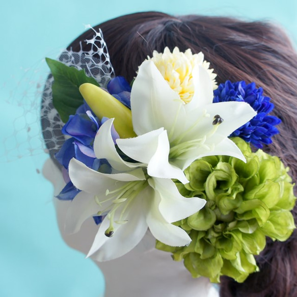 【送料無料】＊*Lilly & dahlia＊*グリーンとホワイトのお花の髪飾り 4枚目の画像