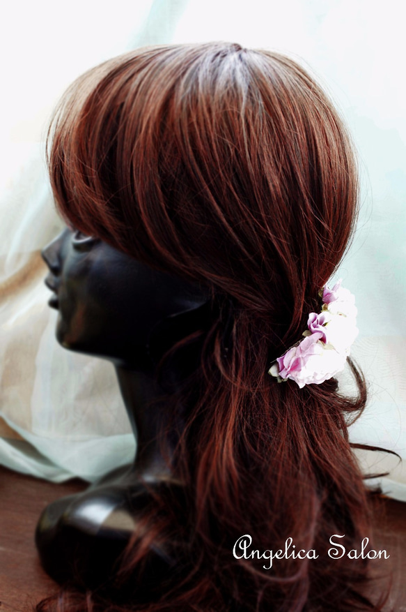 シャビーシック　アンティークピンクのオールドローズとパープルのアジサイの髪飾り 大人婚。 9枚目の画像
