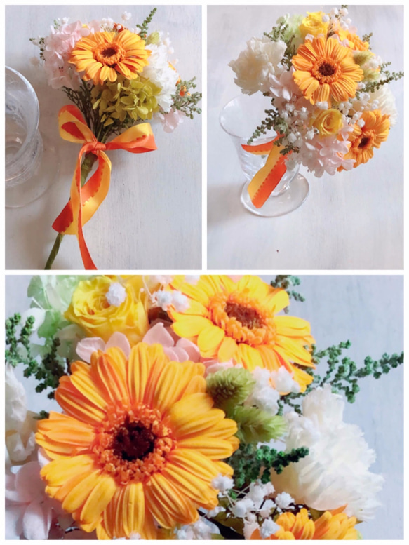 カジュアルブーケプリザーブドフラワー　ビタミンカラーの花束・オレンジガーベラ・かすみ草、カーネーション、両親贈呈にも 7枚目の画像