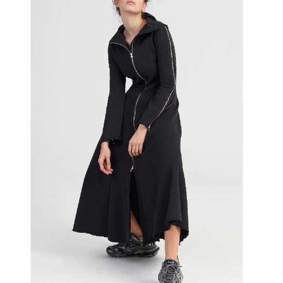 ブラックロングコート ジッパー付き 2way マルチジッパー ポケット付き ロングコート 黒【Aakasha
