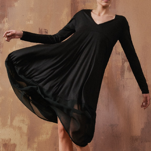 裾シアー Vネック 長袖 ドレープ ミディワンピース ブラック 【サイズ  