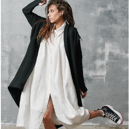 アシンメトリー ファインニット バックドレープ フード付き