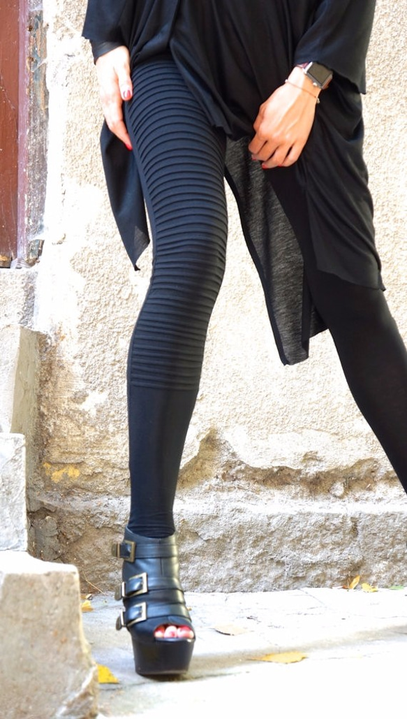 片足ギャザー ロング レギンス パンツ ブラック【Aakasha アーカシャ