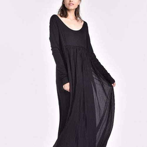 プリーツ 長袖 マキシ丈 ワンピース ドレス ブラック【Aakasha  