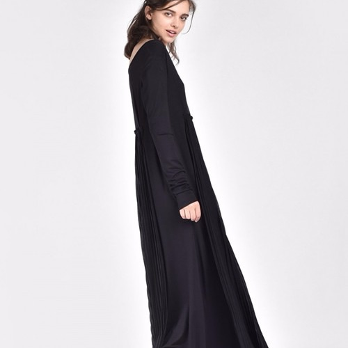 プリーツ 長袖 マキシ丈 ワンピース ドレス ブラック【Aakasha  