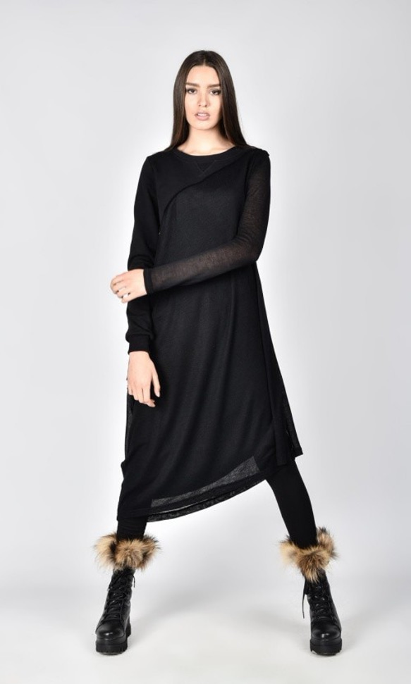 透視不對稱長袖連衣裙黑色【Aakasha Akasha】【定制尺寸可訂做】 第1張的照片