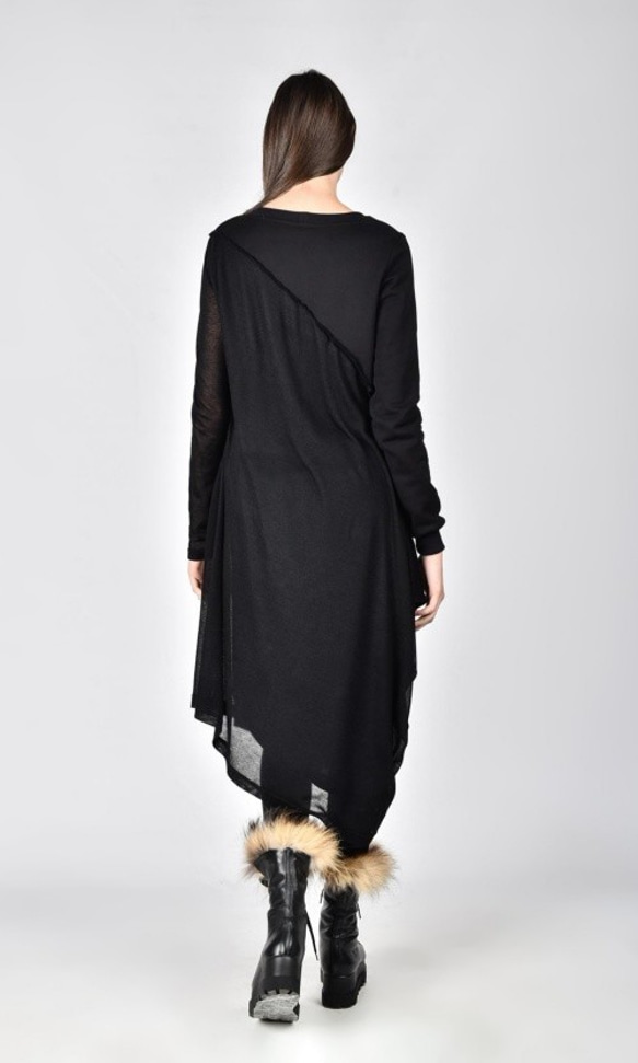 透視不對稱長袖連衣裙黑色【Aakasha Akasha】【定制尺寸可訂做】 第3張的照片