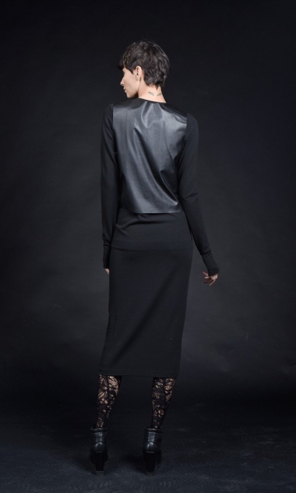 不同材質混合皮革緊身連衣裙 黑色 [Aakasha Akasha] [可定制尺寸] 第3張的照片