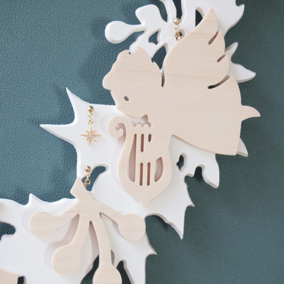クリスマスリース【スノーホワイト】ウォールデコオーナメント天使飾り玄関 4枚目の画像