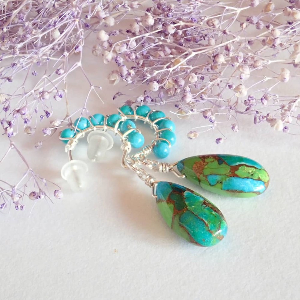 新作//一点もの//シルバー925*グリーンカッパーターコイズのフープピアス