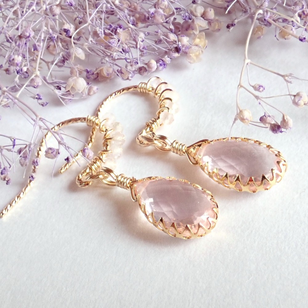 新作//k14gf*宝石質ローズクォーツのベゼルピアス