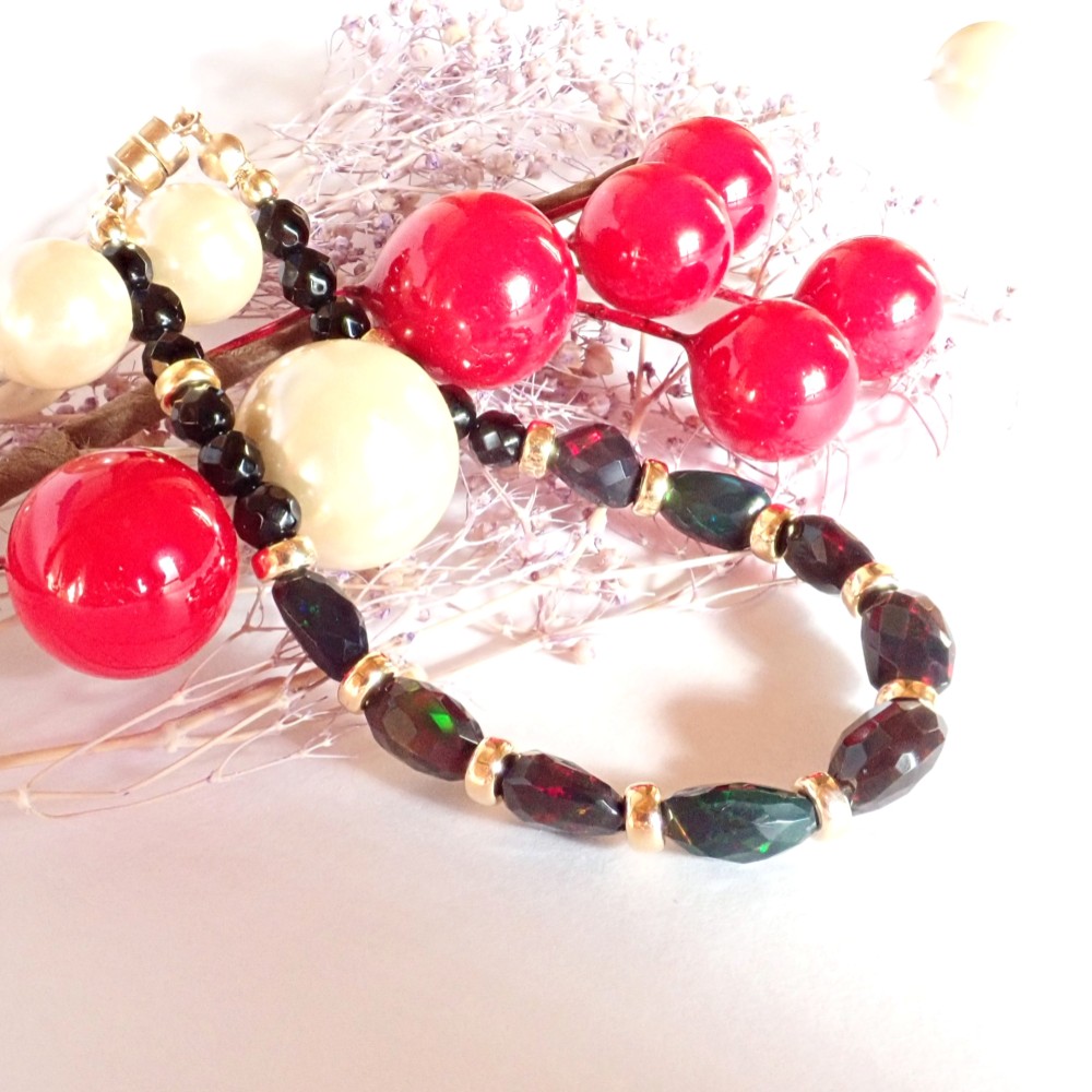 新作//一点もの//k14gf*宝石質ブラックオパールとオニキスのビーディングチェーンブレスレット