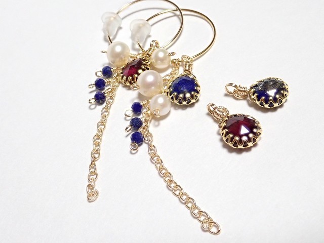 K14GF*天然石ラピスラズリとロードライトガーネットの付け替えピアス