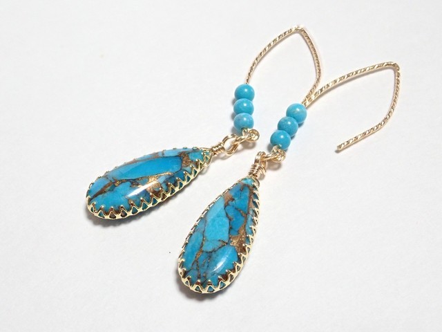 K14GF*コッパーターコイズのベゼルデザインフックピアス