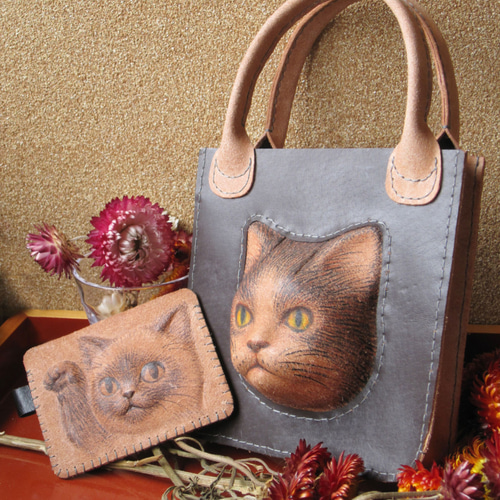 猫フェイスのミニバッグ 牛皮 立体モチーフ ハンドバッグ 梅星屋 通販