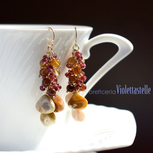 14kgf フォッシルコーラルの秋色ピアス ピアス（フック