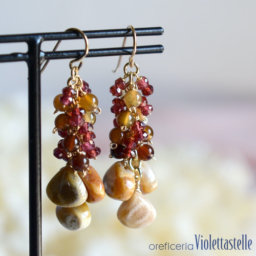 14kgf 秋カラーなフォッシルコーラル ピアス 14kgf フォッシルコーラル