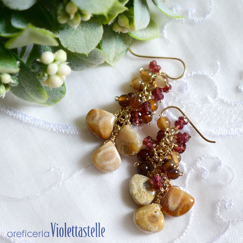 14kgf 秋カラーなフォッシルコーラル ピアス 14kgf フォッシルコーラルの秋色ピアス ピアス（フック