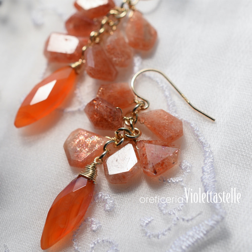 再販】14kgf お日様色のシャンデリアピアス（サンストーン