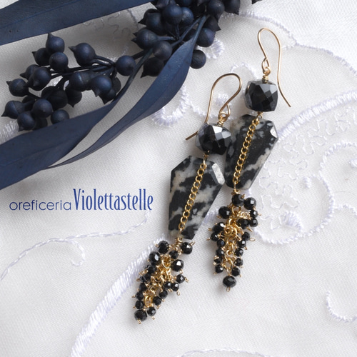 14kgf 天然石 ピクチャージャスパー×ブラックスピネル ピアス