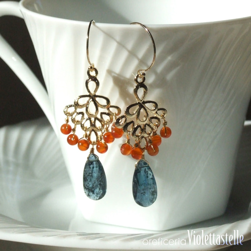 14kgf カイヤナイトのと水晶のリーフのピアス 14kgf カイヤナイトのコインと水晶のリーフのピアス