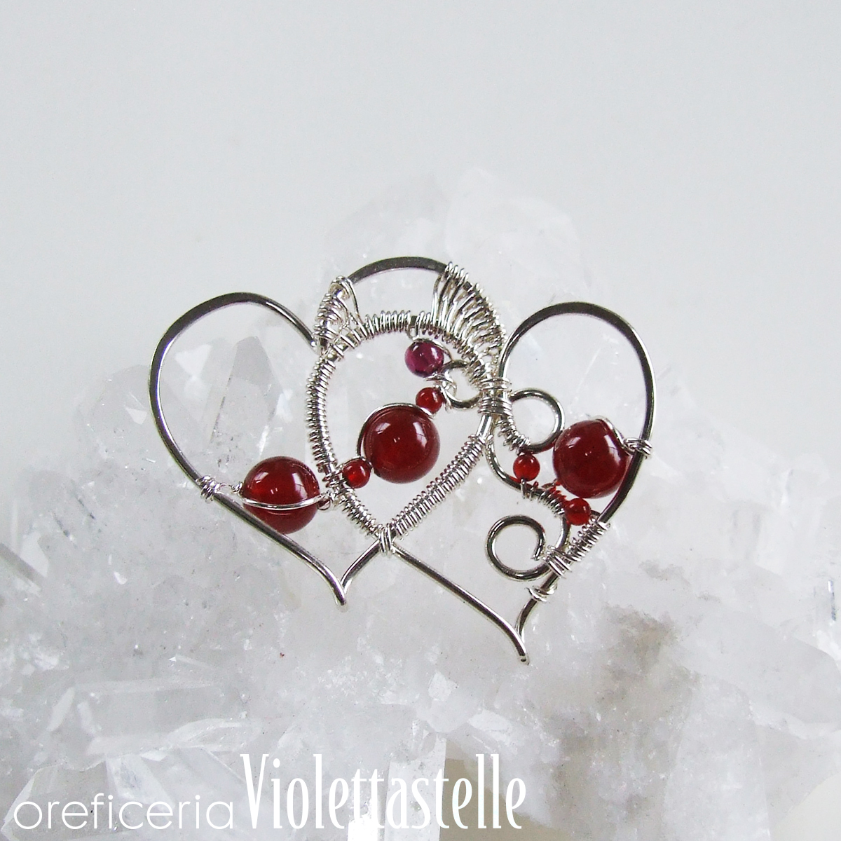 ダブルハートのペンダントトップ（シルバー、赤メノウ）