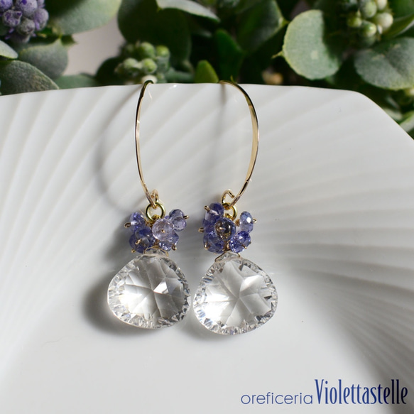 14kgf 大粒クォーツのピアスwithタンザナイト ピアス（フック  