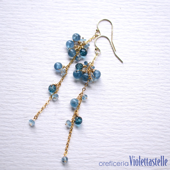 ローマングラスとロンドンブルートパーズ 14kgf 天然石ピアス