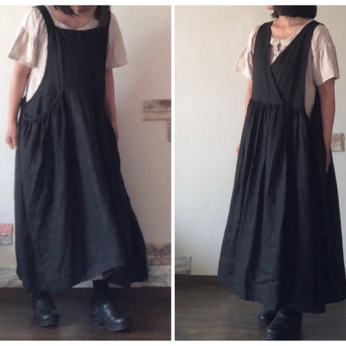 ギャザーポケット 黒 リネン100% エプロンワンピース 2way 前後で着用