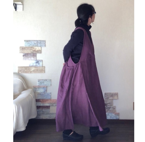 再販 中厚 濃すみれ色ヨーロッパリネン100% ギャザーポケット