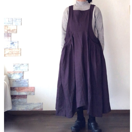 ギャザーポケット 2way レーズン 大人色ピュアリネン100% エプロン  