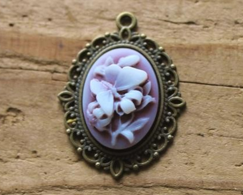 ☆在庫処分！カメオ【百合と蝶ちょ（濃いパープル）】5個 デコパーツ