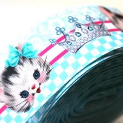 レトロ調りぼん38mm【王冠とリボン猫】２ヤード 3枚目の画像