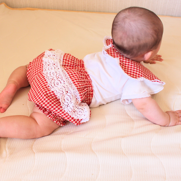 リバーシブルスタイとかぼちゃパンツのセット/赤チェック