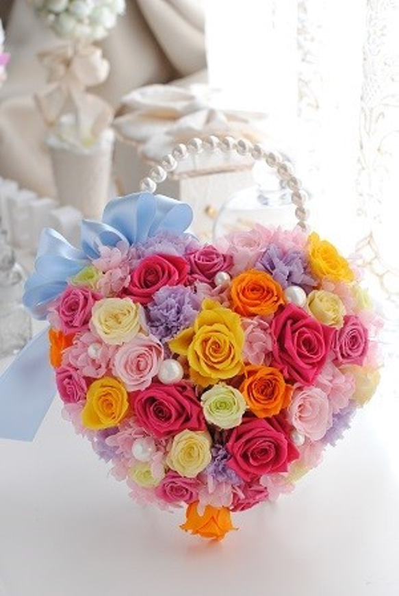 プリザーブドフラワー バッグブーケ ハート型バッグ カラフル