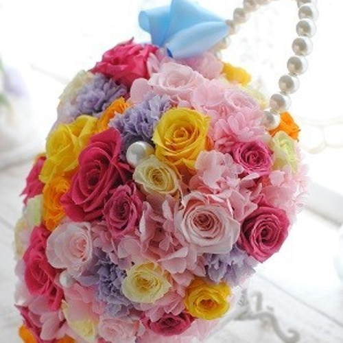 プリザーブドフラワー バッグブーケ ハート型バッグ カラフル