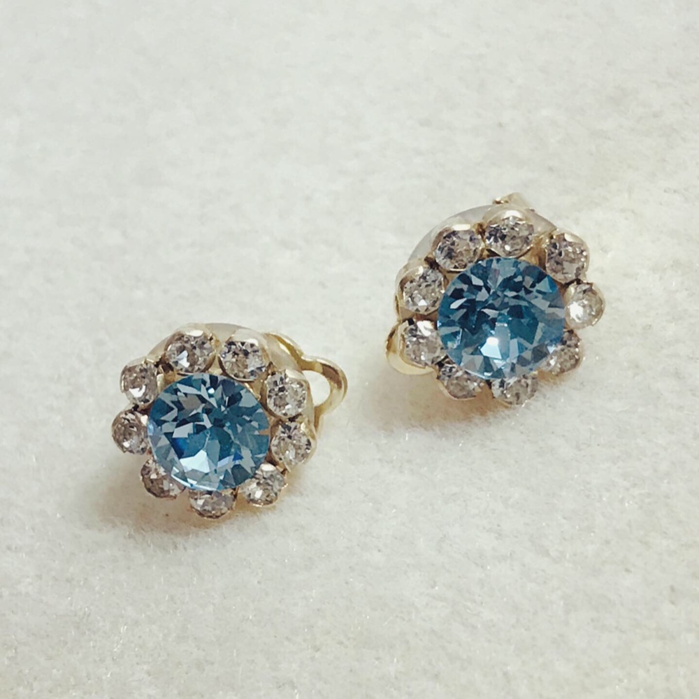 『Creema限定』ワンボタン パブェ イヤリング アクアマリン色 スワロ水晶