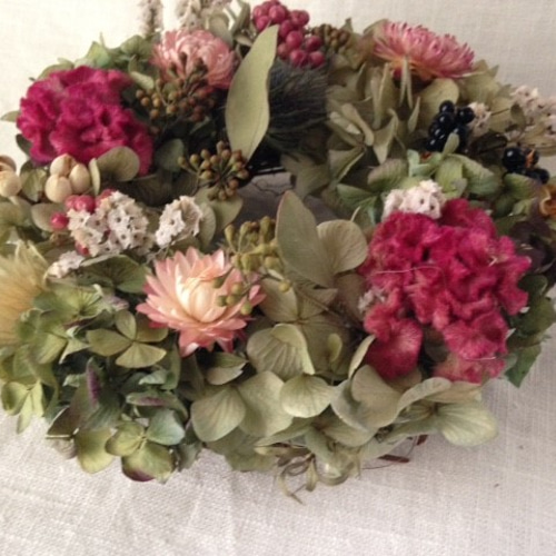 アジサイとポポラスのミニリースpink＊直径約19cm＊ドライフラワー