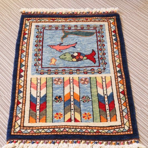 魚&クジラ&いるか柄 手織り 絨毯 ハンドメイド ラグ ウール&草木染め