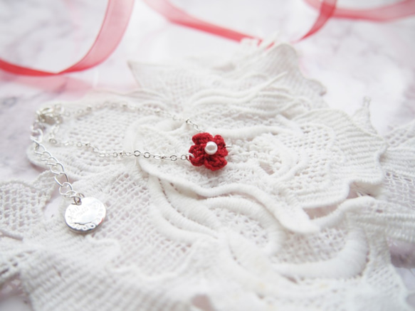 情人節法式玫瑰紅蕾絲線人手編織花系手錬 BB048 第3張的照片