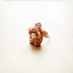 法式粉紅人造珍珠配粉紅蕾絲線人手編織花系戒指 BR044 第3張的照片
