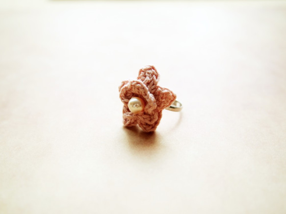 法式粉紅人造珍珠配粉紅蕾絲線人手編織花系戒指 BR044 第3張的照片