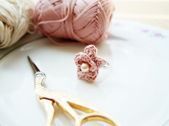 法式粉紅人造珍珠配粉紅蕾絲線人手編織花系戒指 BR044 第4張的照片