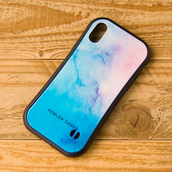 水彩柄 耐衝撃吸収ケース iPhone X XS ブルー ピンク 1枚目の画像