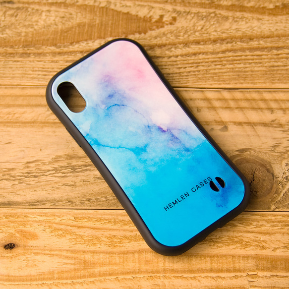 水彩柄 耐衝撃吸収ケース iPhone X XS ブルー ピンク 2枚目の画像
